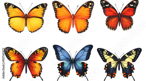 Different colorful realistic butterfly vector illustration on transparent background