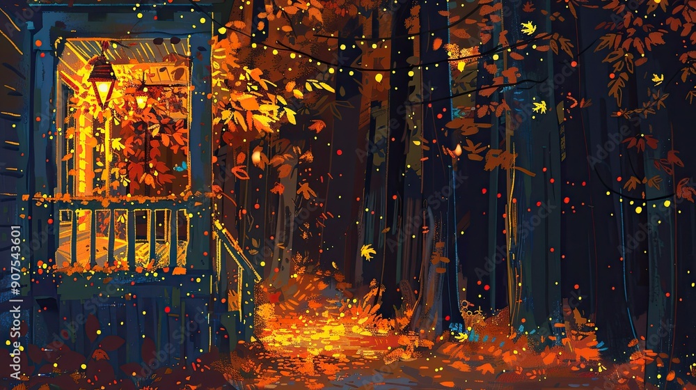 Naklejka premium cozy porch with fall leaves