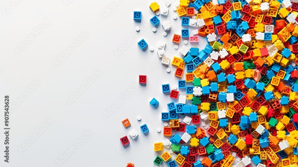Multicolored parts from children's construction set on white background, top view, copy space, place for text Multicolored parts from children's construction set on white background, top view, copy space, place for text