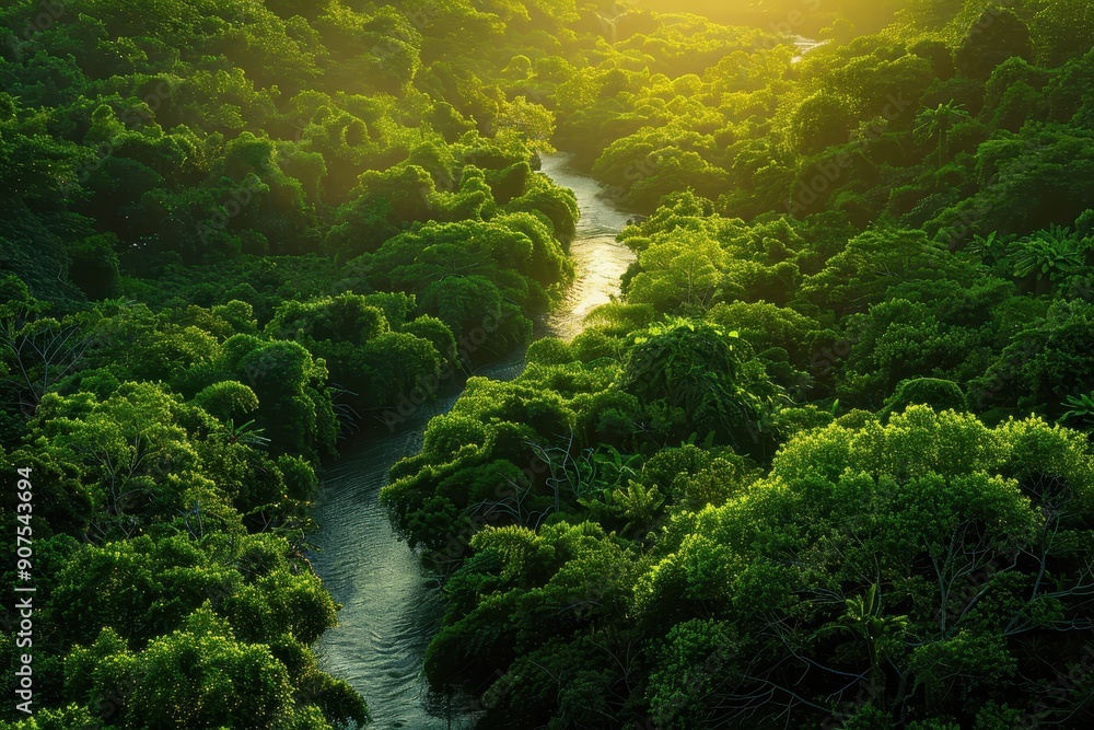 A Sunlit River Winding Through Lush Green Foliage A Sunlit River Winding Through Lush Green Foliage