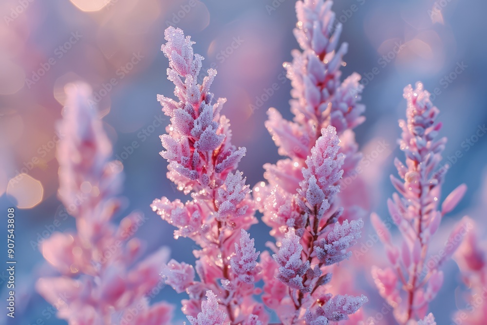 Delicate pink flowers covered in frost, creating a beautiful and serene winter scene, perfect for nature lovers and seasonal themes. Delicate pink flowers covered in frost, creating a beautiful and serene winter scene, perfect for nature lovers and seasonal themes.