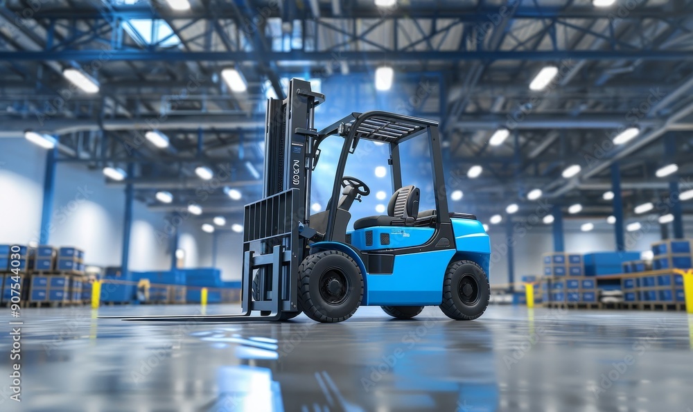 Blue forklift parked in industrial warehouse with pallets. Warehouse concept. Generative AI Blue forklift parked in industrial warehouse with pallets. Warehouse concept. Generative AI