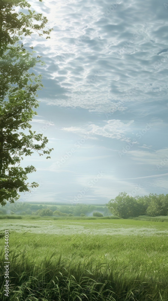 Obraz premium Green Meadow Under Cloudy Sky.