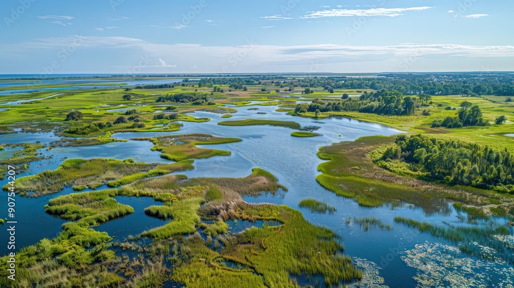 Highlight an aerial view of wetlands with a focus on the diverse flora and fauna thriving in the brackish waters Highlight an aerial view of wetlands with a focus on the diverse flora and fauna thriving in the brackish waters