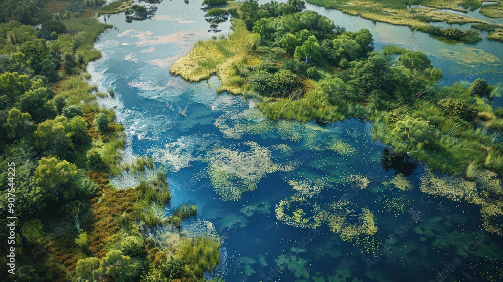 Highlight an aerial view of wetlands with a focus on the diverse flora and fauna thriving in the brackish waters Highlight an aerial view of wetlands with a focus on the diverse flora and fauna thriving in the brackish waters