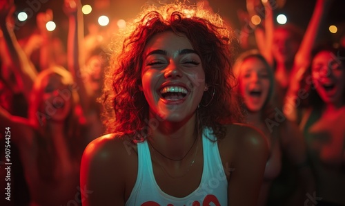 Front row of a concert with a group of excited music fans looking into the camera singing and dancing, Generative AI