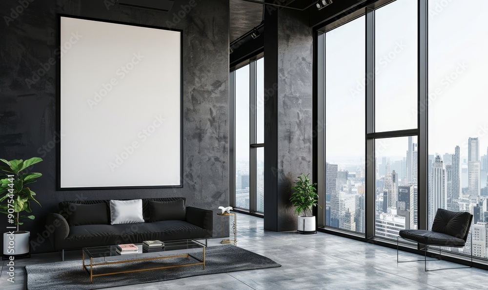 Fototapeta premium Modern interior with large blank framed poster on black wall, floor-to-ceiling windows showing cityscape. Concept of gallery display. Generative AI