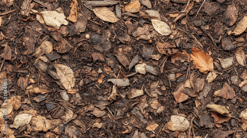 Organic Mulch Texture: Close-up of Rich Garden Soil Mix with Wood Chips and Leaf Fragments, Natural Landscaping Background Organic Mulch Texture: Close-up of Rich Garden Soil Mix with Wood Chips and Leaf Fragments, Natural Landscaping Background