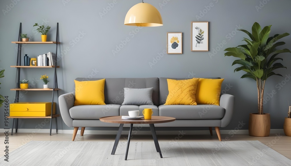 A modern living room with a gray sofa, yellow throw pillows, a round wooden coffee table, and a hanging light fixture A modern living room with a gray sofa, yellow throw pillows, a round wooden coffee table, and a hanging light fixture