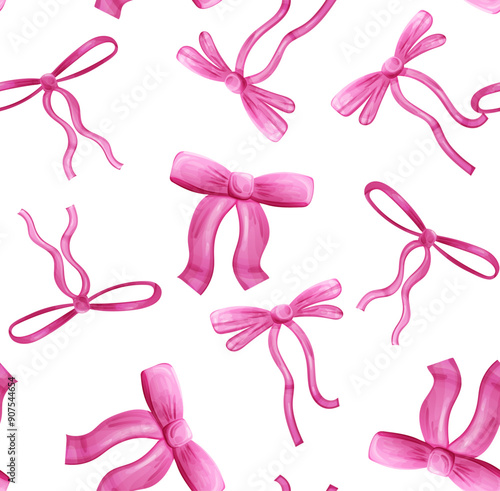 Seamless background with pink girly hair bow in simple style. Vector illustration