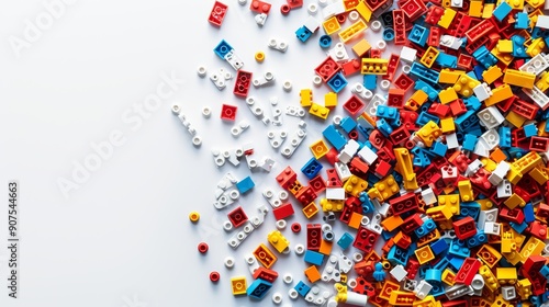 Multicolored parts from children's construction set on white background, top view, copy space, place for text
