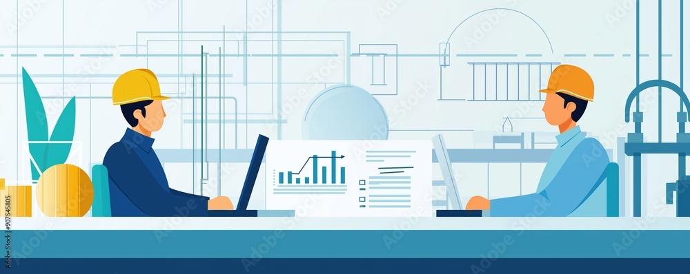 Factory performance, management analysis, flat design illustration Factory performance, management analysis, flat design illustration