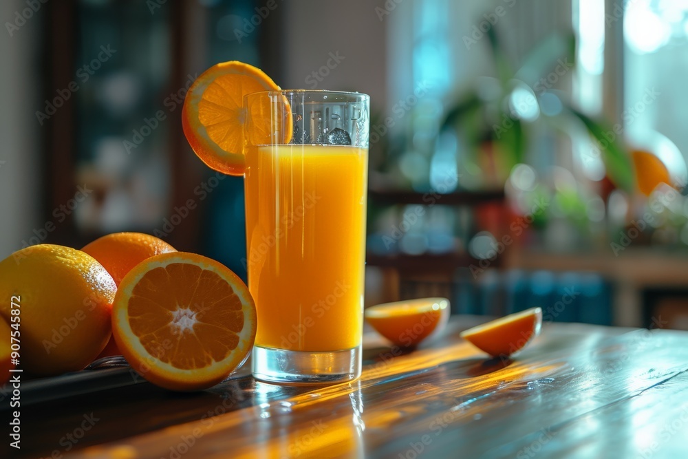 A tall glass of fresh orange juice placed on a wooden table, surrounded by whole and halved oranges, with sunlight streaming through the window. A tall glass of fresh orange juice placed on a wooden table, surrounded by whole and halved oranges, with sunlight streaming through the window.