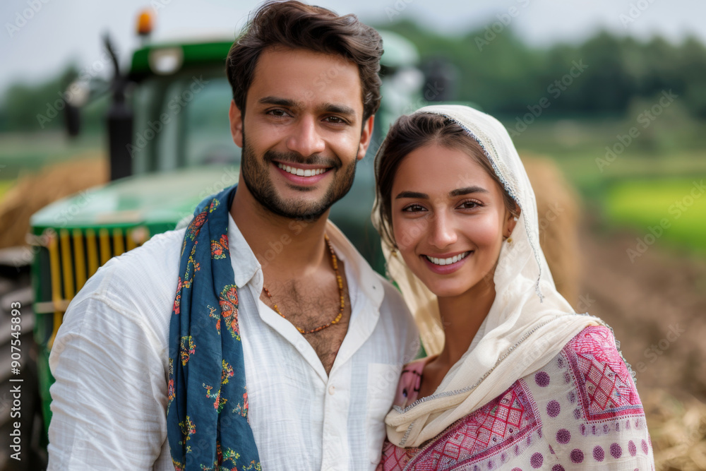 Young Indian farmer couple with smiling faces in their agricultural field Young Indian farmer couple with smiling faces in their agricultural field
