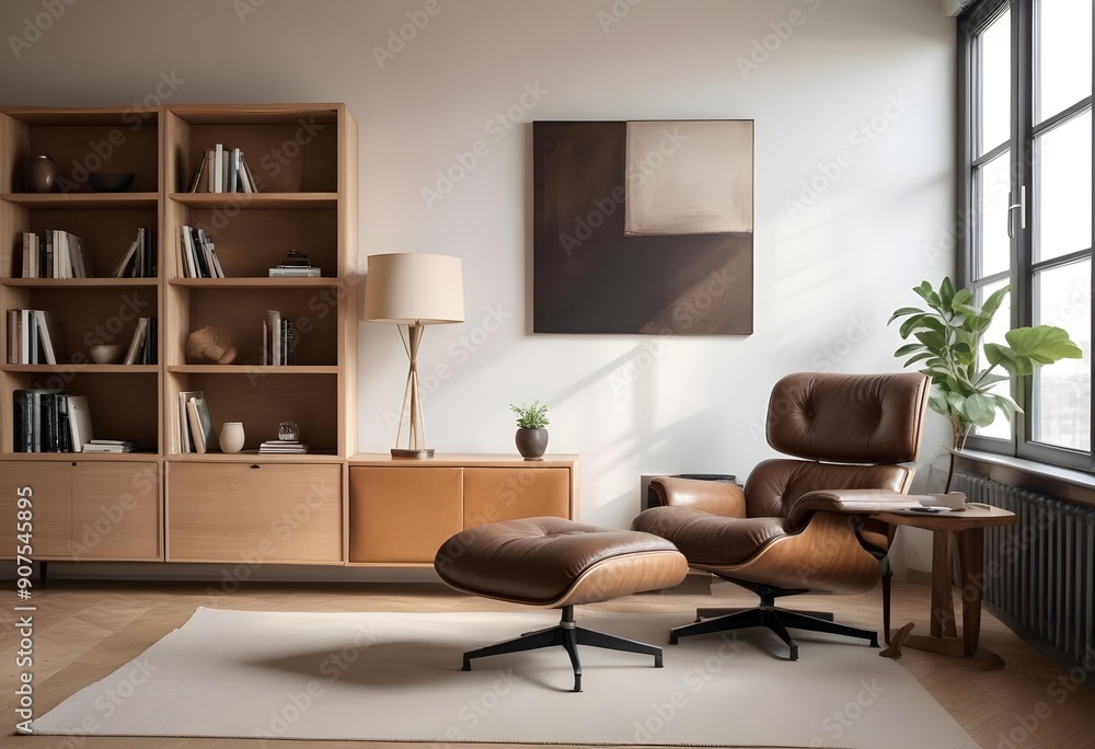 A modern living room with a large blank canvas on the wall, a wooden bookshelf, and a comfortable leather armchair with an ottoman A modern living room with a large blank canvas on the wall, a wooden bookshelf, and a comfortable leather armchair with an ottoman