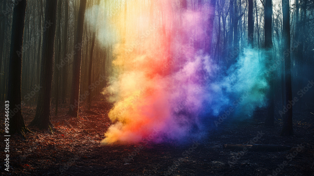 Fototapeta premium Rainbow smoke billows from a dark, black forest, creating a vivid, surreal contrast between the vibrant colors of the smoke and the shadowy trees, evoking a mystical, otherworldly atmosphere.