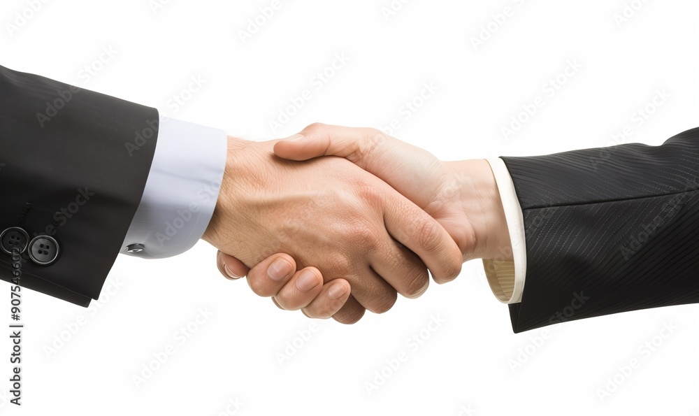 Two people in business attire engaging in a handshake, isolated on a white background, symbolizing agreement and partnership. Generative AI Two people in business attire engaging in a handshake, isolated on a white background, symbolizing agreement and partnership. Generative AI