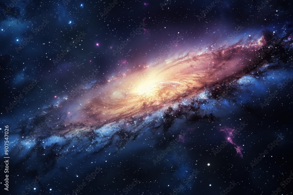 Fototapeta premium A Spiral Galaxy with Glowing Nebulae and Scattered Stars