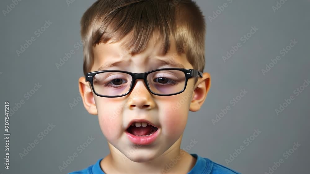Young boy with glasses expressing shock on a gray background Young boy with glasses expressing shock on a gray background