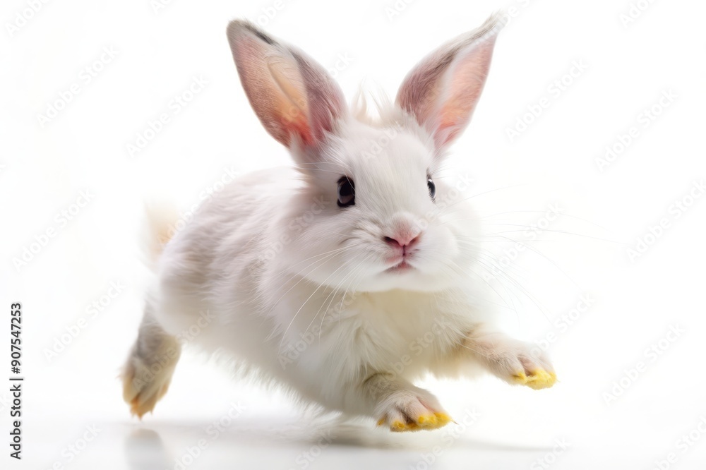 Obraz premium White Rabbit Hopping Isolated on White Background.