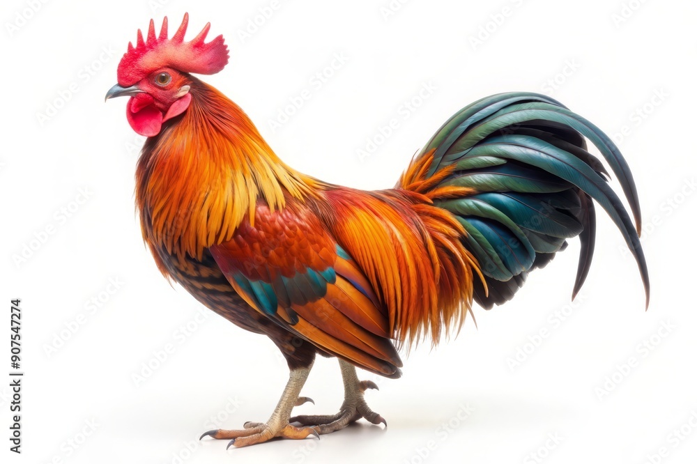 Fototapeta premium Colorful Rooster with Red Comb and Tail Feathers.