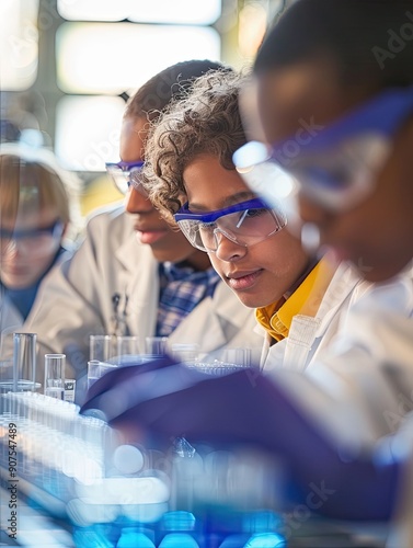 Young students in protective eyewear conduct experiments in a science lab, focusing on chemistry and teamwork.