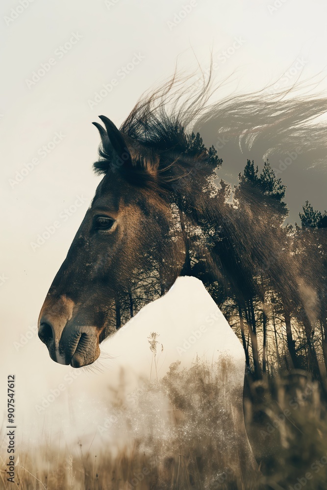 Horse head with flowing mane merging with forest in double exposure Horse head with flowing mane merging with forest in double exposure
