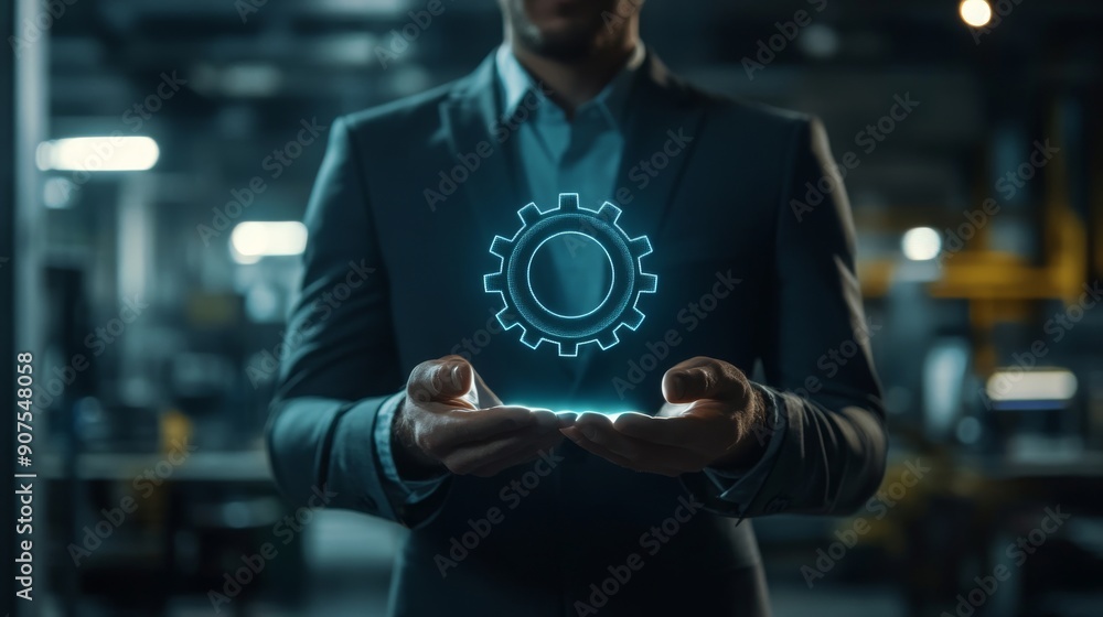 Businessman holding a digital gear icon, symbolizing process improvement and efficiency Businessman holding a digital gear icon, symbolizing process improvement and efficiency