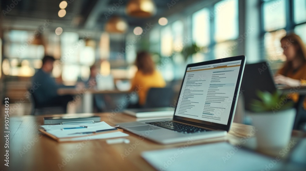 A close-up view of business professionals in a team meeting, focusing on a laptop screen and documents. The image captures the attention and engagement of the team members, highlighting their A close-up view of business professionals in a team meeting, focusing on a laptop screen and documents. The image captures the attention and engagement of the team members, highlighting their