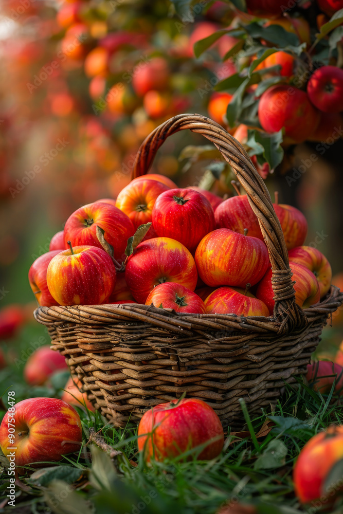 A basket full of apples is sitting on the grass. The apples are red and shiny, and they are scattered all over the grass. A basket full of apples is sitting on the grass. The apples are red and shiny, and they are scattered all over the grass.