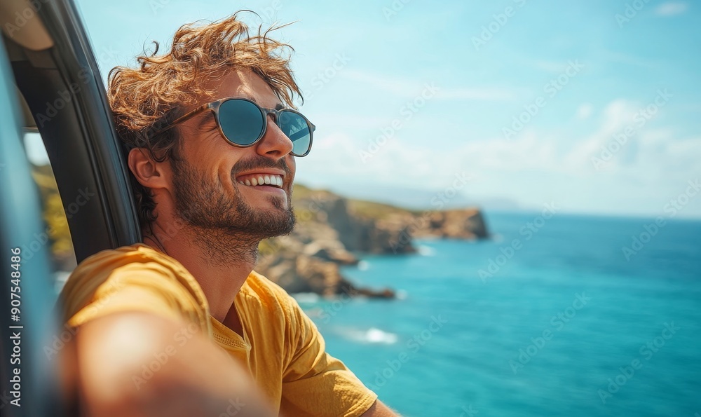 Happy young man on a road trip leaning out of the car window to see the coastal route and sea view , male enjoying roadtrip holidays on seaside road, Generative AI Happy young man on a road trip leaning out of the car window to see the coastal route and sea view , male enjoying roadtrip holidays on seaside road, Generative AI