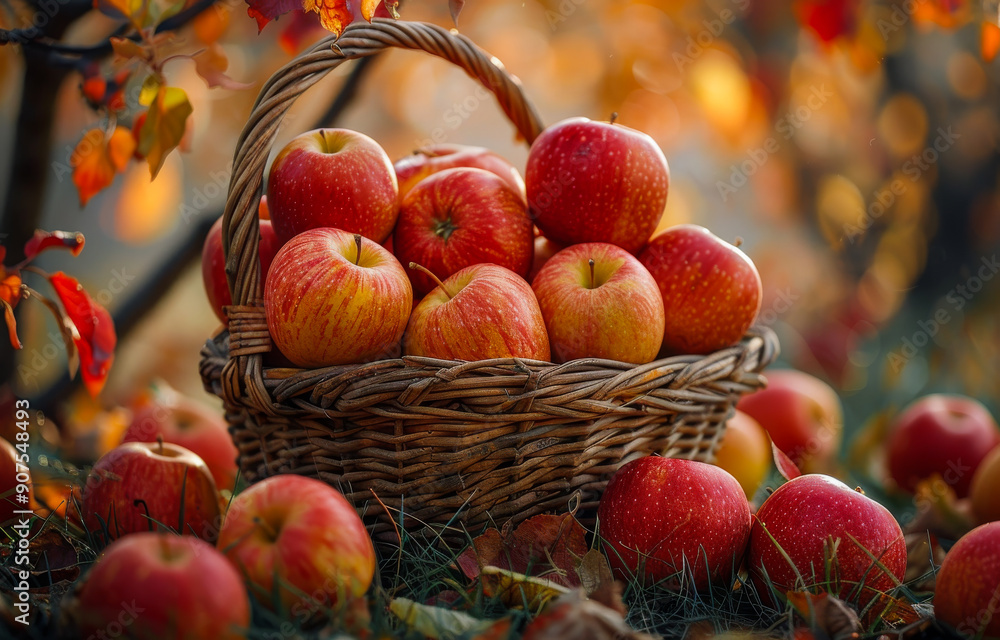 A basket full of apples is sitting on the ground. The apples are red and shiny, and they are surrounded by fallen leaves. A basket full of apples is sitting on the ground. The apples are red and shiny, and they are surrounded by fallen leaves.