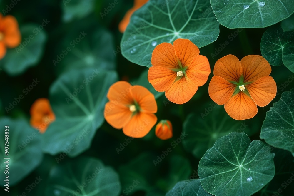 Nasturtium plant with orange flowers growing in the garden, Generative AI Nasturtium plant with orange flowers growing in the garden, Generative AI