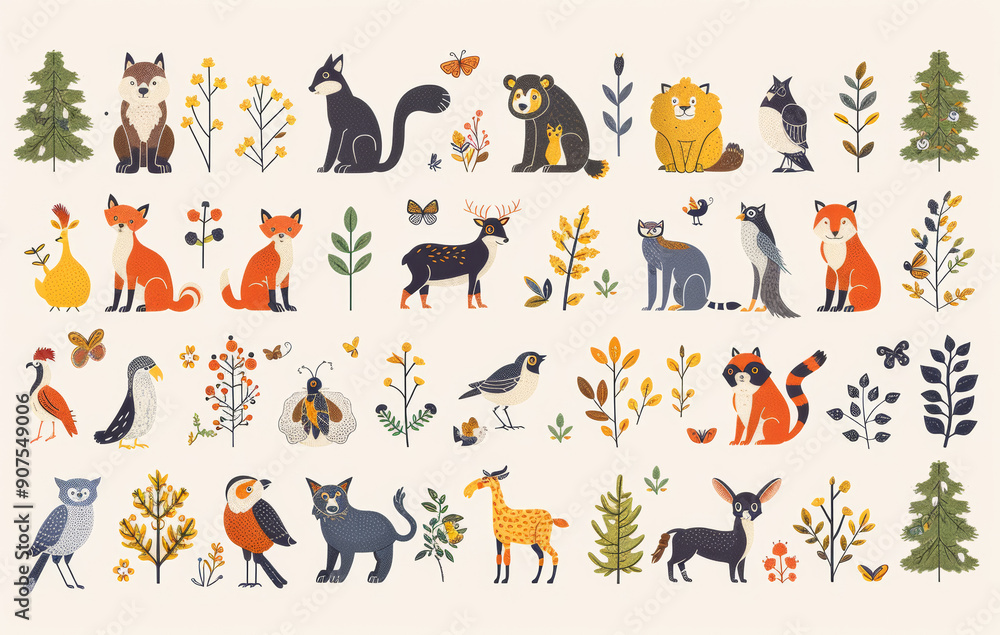 Fototapeta premium A collection of animals in a forest setting. The animals include a bear, a fox, a deer, a bird, and a cat