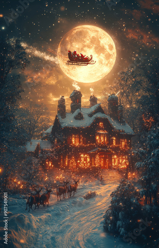 A Christmas scene with a house and a large moon. A sleigh with Santa Claus flying through the sky