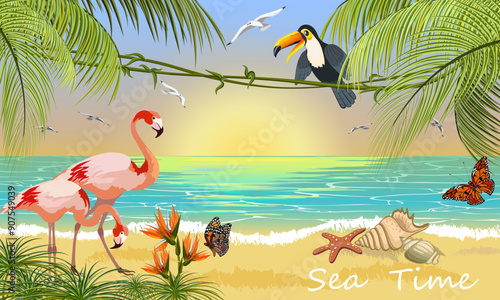 Tropical beach and birds.Color vector illustration with flamingo and toucan on a tropical beach.