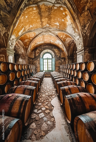 A long room with many barrels of wine. The barrels are stacked in rows and the room is very dark