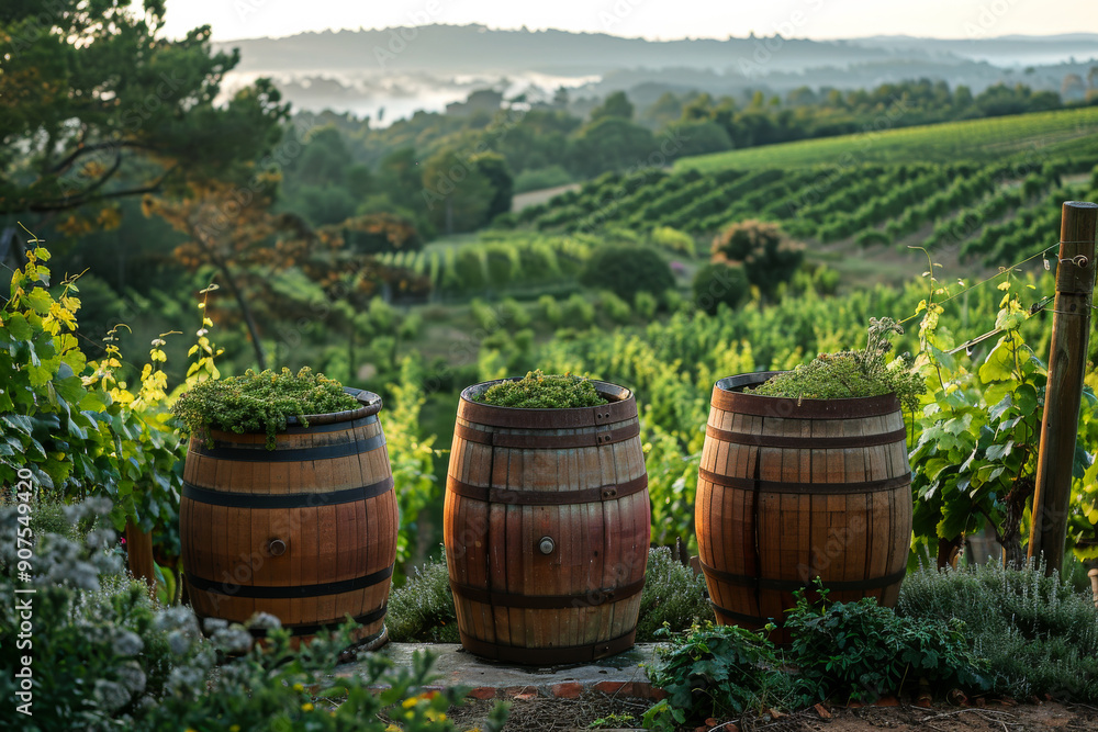 Three barrels with plants in them are sitting on a stone ledge. The scene is peaceful and serene, with the barrels and plants adding a touch of nature to the landscape Three barrels with plants in them are sitting on a stone ledge. The scene is peaceful and serene, with the barrels and plants adding a touch of nature to the landscape