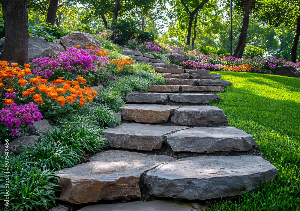 A stone path with a flower garden leading up to it. The flowers are in various colors and the path is made of large rocks A stone path with a flower garden leading up to it. The flowers are in various colors and the path is made of large rocks