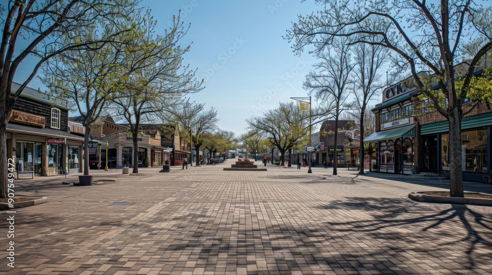 Empty street with shops and trees in the background. Empty street with shops and trees in the background.