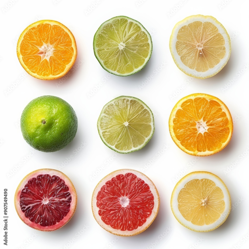 Fototapeta premium A vibrant arrangement of assorted citrus slices including orange, lemon, lime, and blood orange, set against a white background.