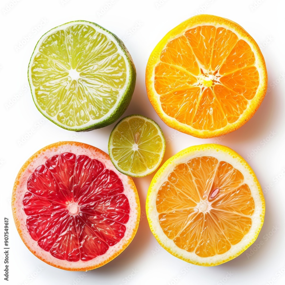 A vibrant arrangement of assorted citrus slices including orange, lemon, lime, and blood orange, set against a white background. A vibrant arrangement of assorted citrus slices including orange, lemon, lime, and blood orange, set against a white background.