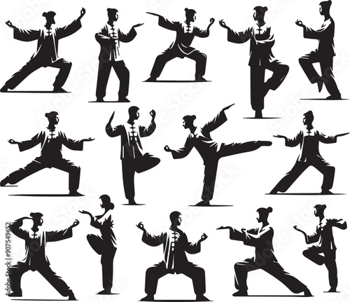 Sets of person practicing tai chi  -Tai Chi Qigong Shibashi Set - Silhouette of tai chi practicing set 