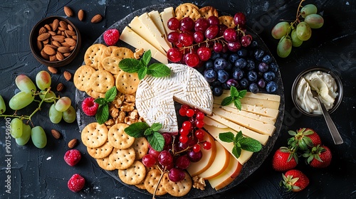 PlantBased Cheese Platter Artistic arrangement of plantbased cheeses like cashew cheese and almond ricotta with crackers and fruit photo