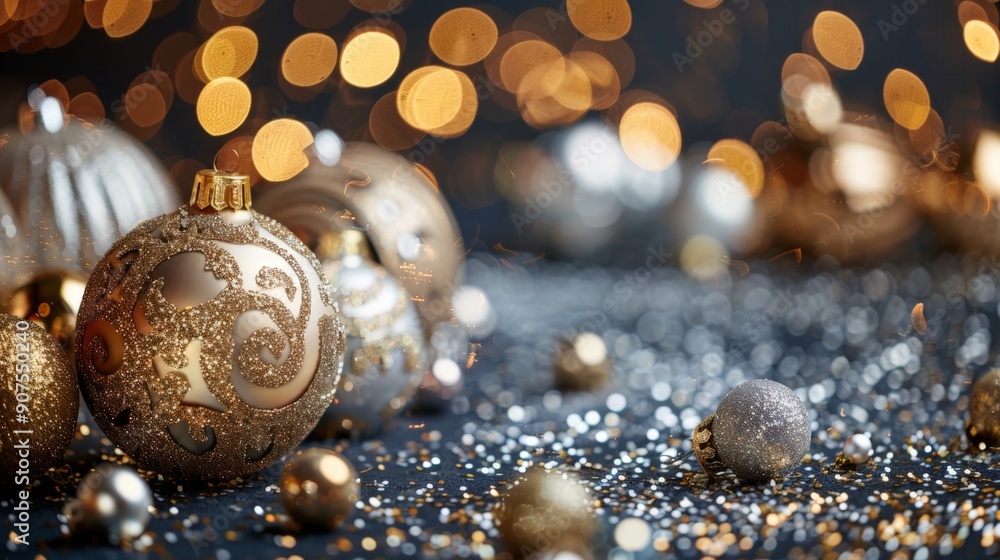 Fototapeta premium A beautiful New Year-themed frame with glittering ornaments and bokeh lights.