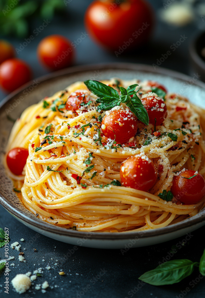 A bowl of pasta with tomatoes and basil. The pasta is covered in cheese and the tomatoes are scattered throughout the dish A bowl of pasta with tomatoes and basil. The pasta is covered in cheese and the tomatoes are scattered throughout the dish