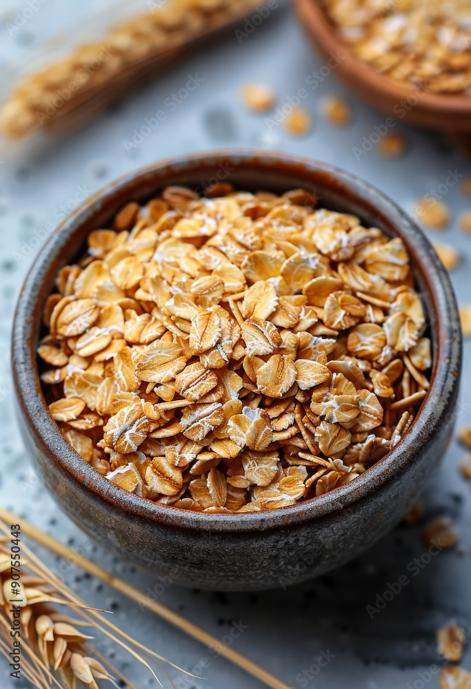 A bowl of oatmeal with a few grains of wheat scattered around it