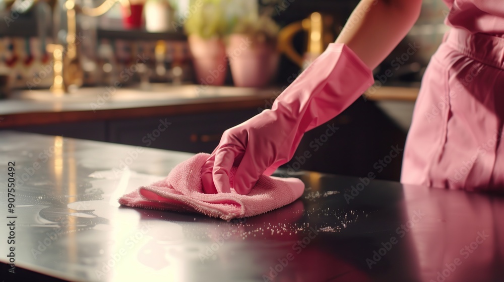 A woman in gloves cleans a pink kitchen countertop with a rag, emphasizing household hygiene and domestic chores, including wiping surfaces and maintaining cleanliness.