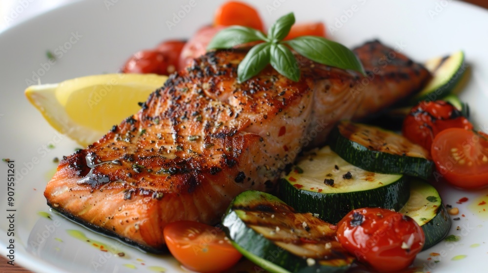 Salmon Steak with Grilled Vegetables, Sauce and Lime Salmon Steak with Grilled Vegetables, Sauce and Lime
