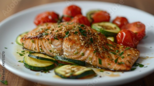 grilled salmon fillets with vegetable salad and closeup on the table